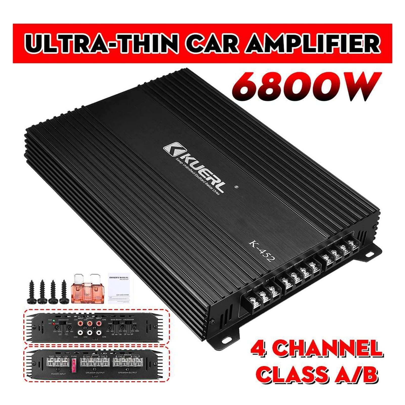 Amplificador de Audio, 6800W 4 Canales Amplificadores de automóviles Subwoofer Altavoz Amplificador Audio Vehículo Subwoofer Bass Amplificador Caja Auto Sound Audio Audio para Coche o casa