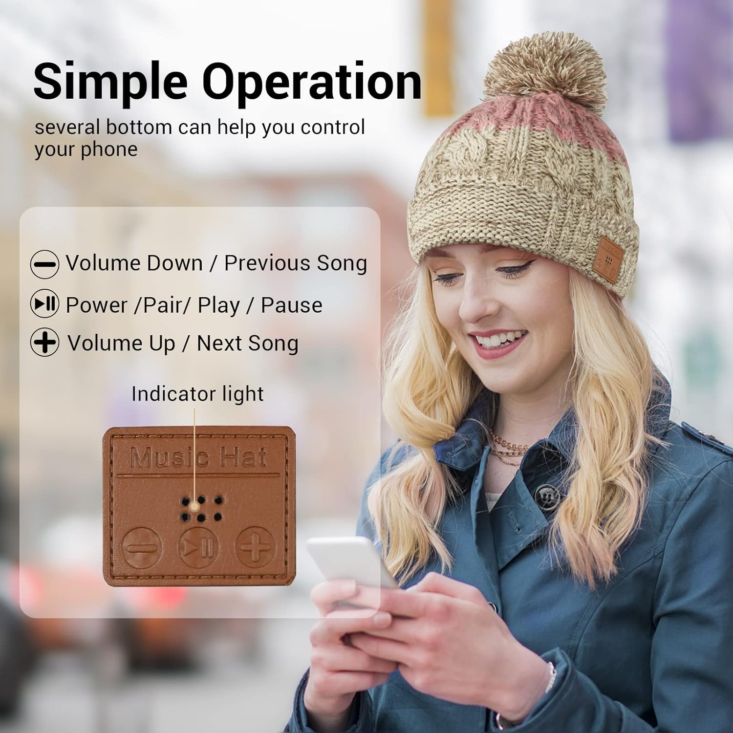 Bluetooth Beanie with Light, HD Stereo Sound, USB Rechargeable Headlamp for Hiking Fishing, Gift for Men Women Teen Bluetooth Khaki & Pink - Image 4