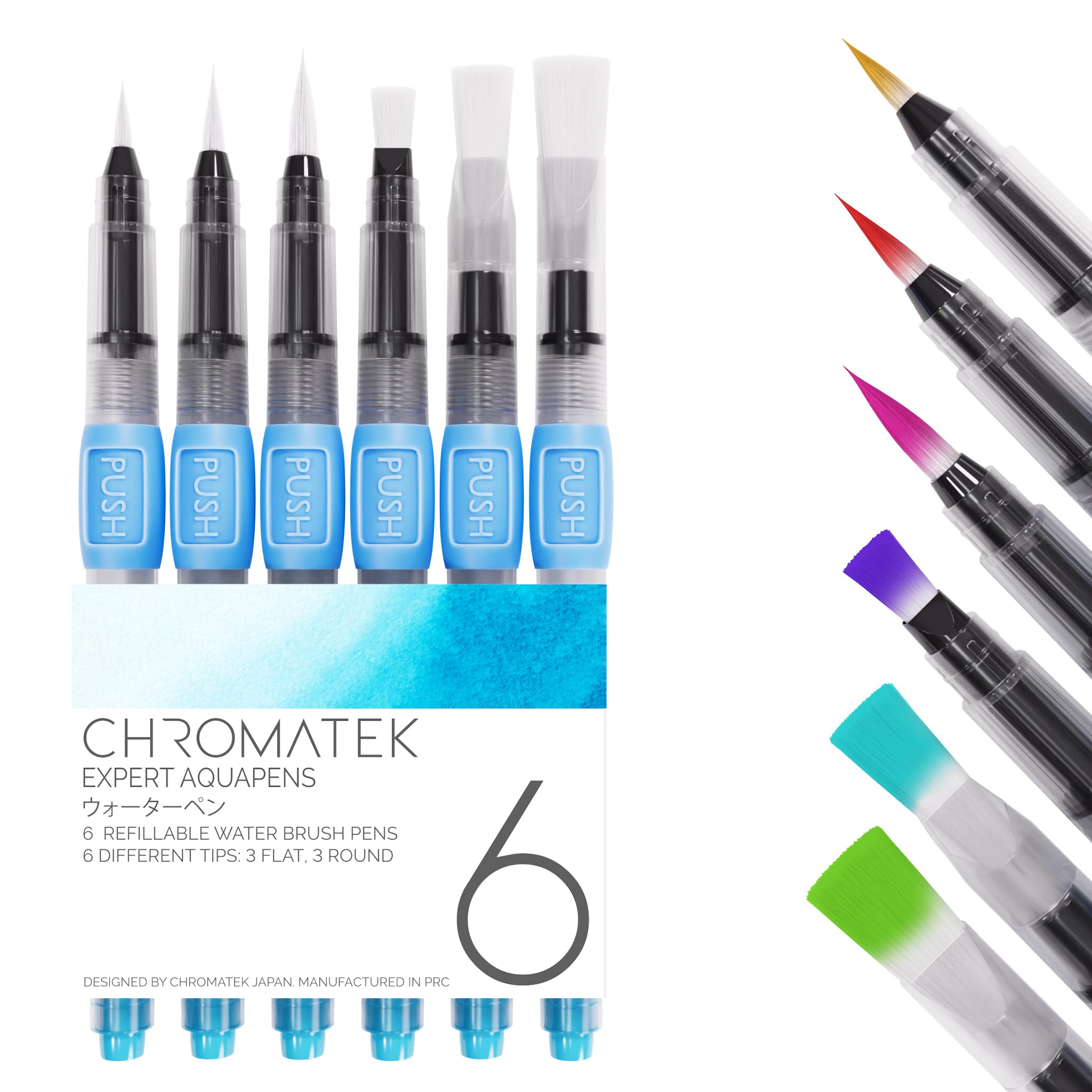 CHROMATEKProfessional Aquapens X 6, Water Brush Pens for Painting, Water Drawing Brush Pens with 6 Different nibs, Portable Watercolor Brush Pens for Artists, Adults and Beginners