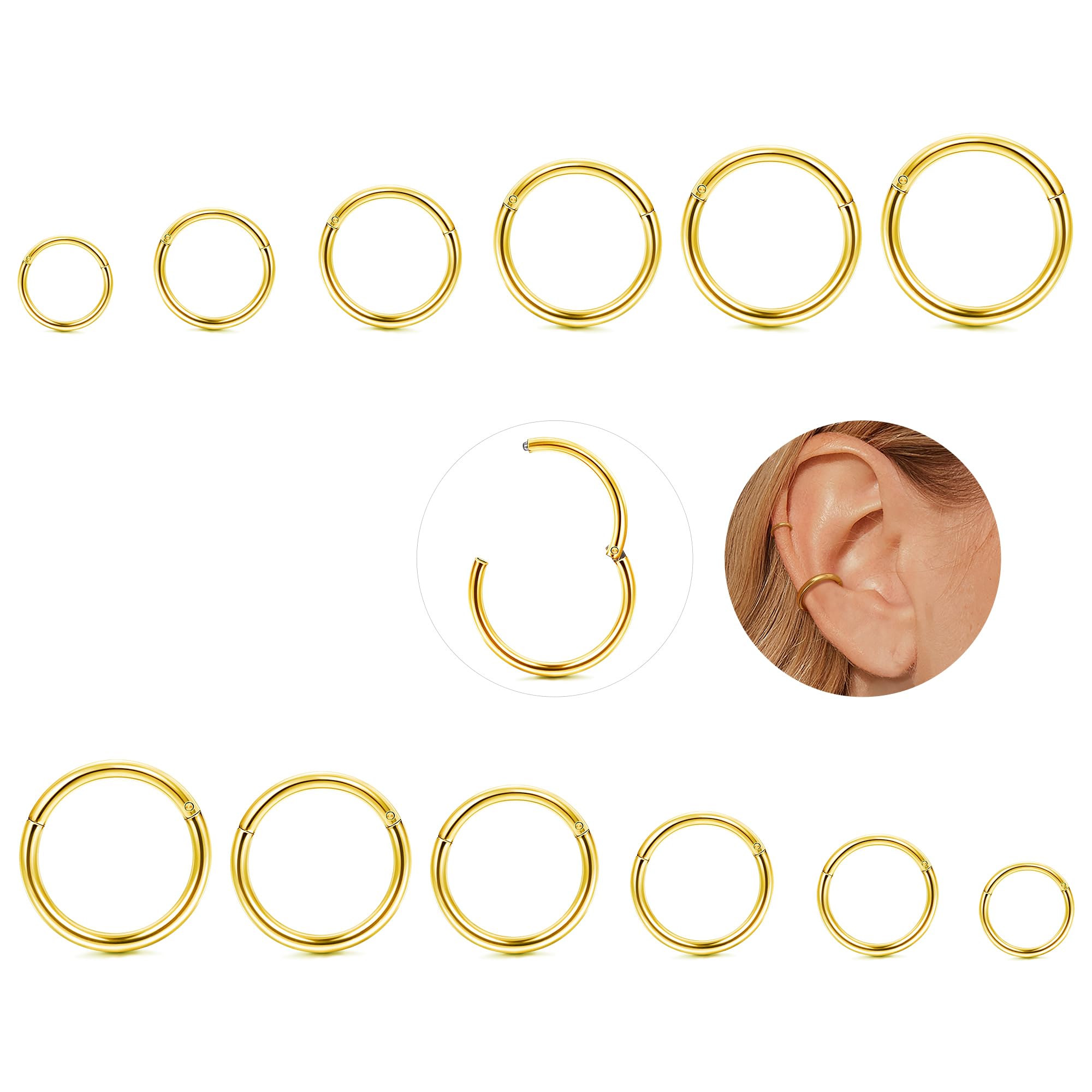 YADOCA 12 Pcs Acero Quirúrgico Piercings Nariz Septum Piercing 16G Segmento Anillo Cuerpo Piercing Nariz Aro Labio Anillos Cartílago Concha Helix Pendientes para Mujeres Hombres 6-16mm — view 8