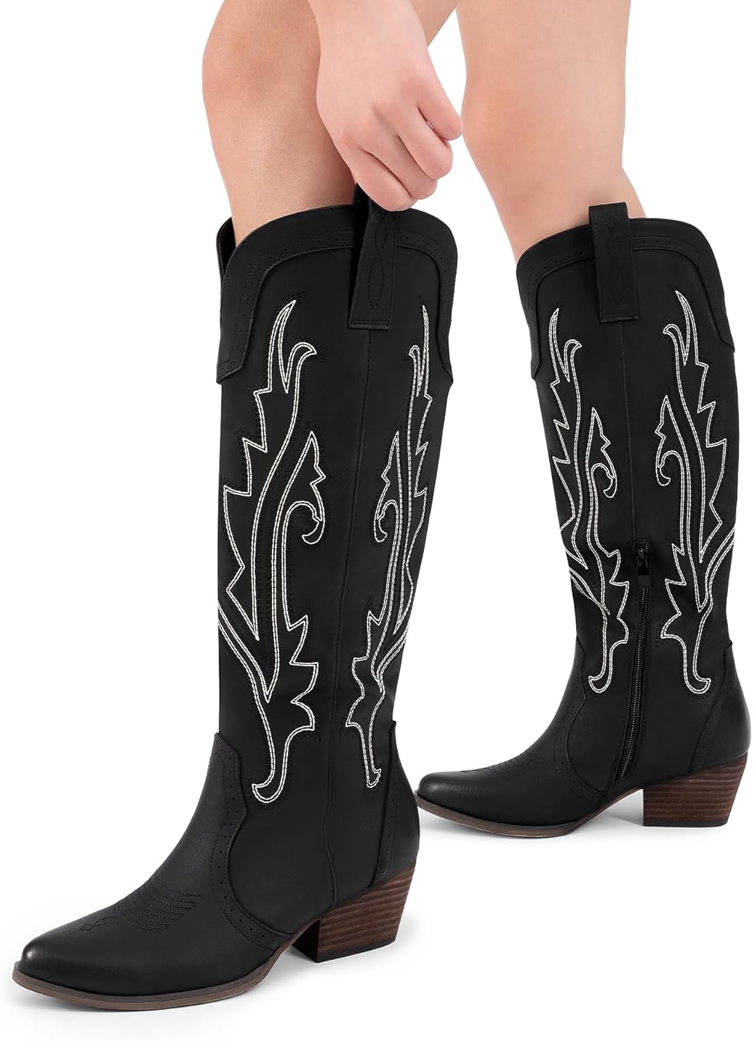 DREAM PAIRS Women's Embroidered Western Pull-On Knee-High Cowboy Boots - Image 2