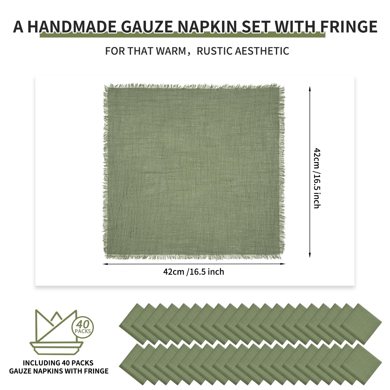 40 Packs Olive Green Cloth Napkins Cotton Linen Napkins Bulk 16.5 x 16.5Inch Handmade Gauze Napkins with Fringe, Natural Soft Cotton Rustic Dinner Napkins for Wedding Party Christmas Decoration
