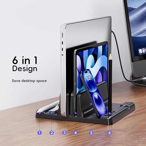 Miniatura 3 de Soporte vertical para laptop, ancho ajustable, diseño 6 en 1, organizador de escritorio que ahorra espacio, compatible con MacBooks, tabletas,