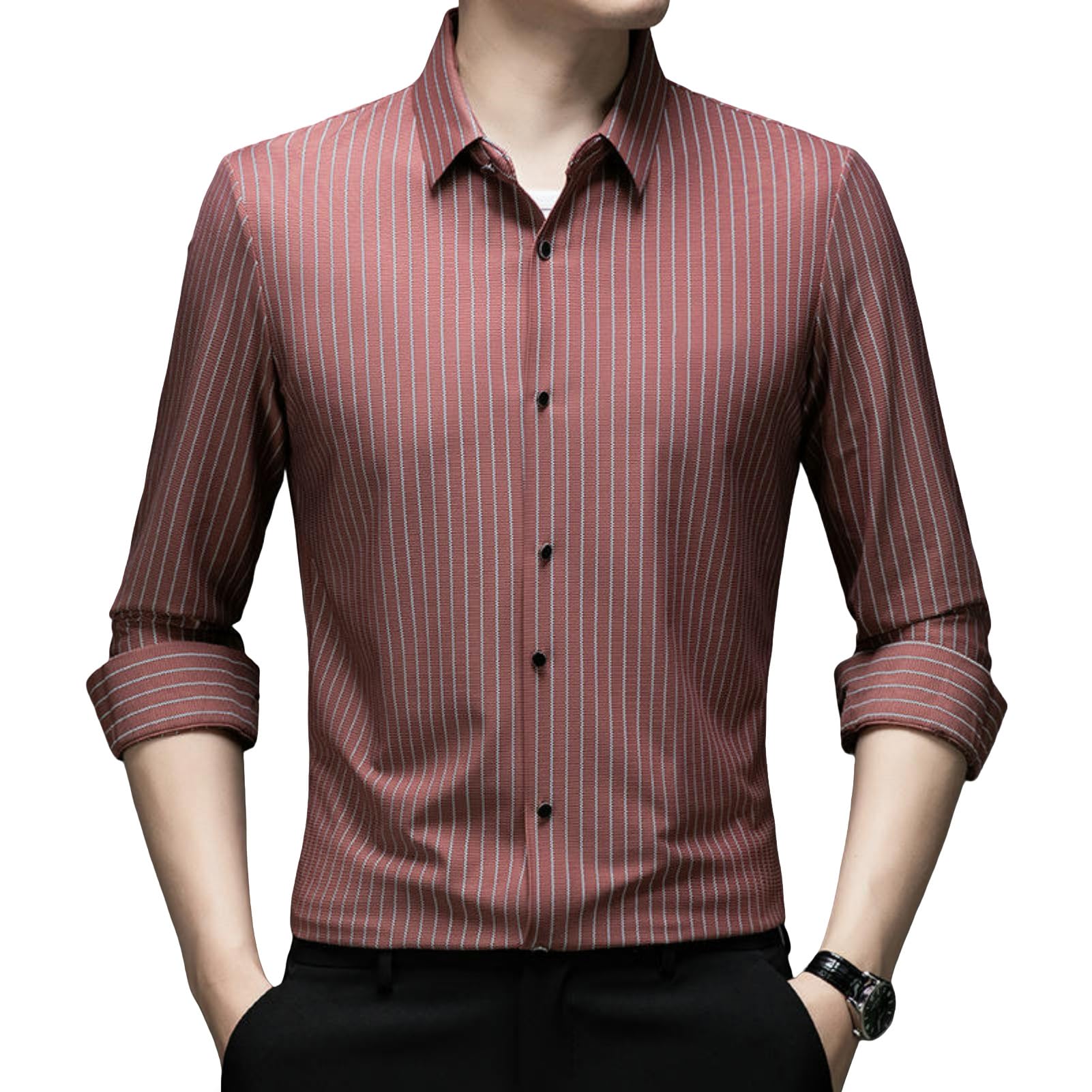 Camisa de manga larga a rayas sin costuras sin arrugas para hombre