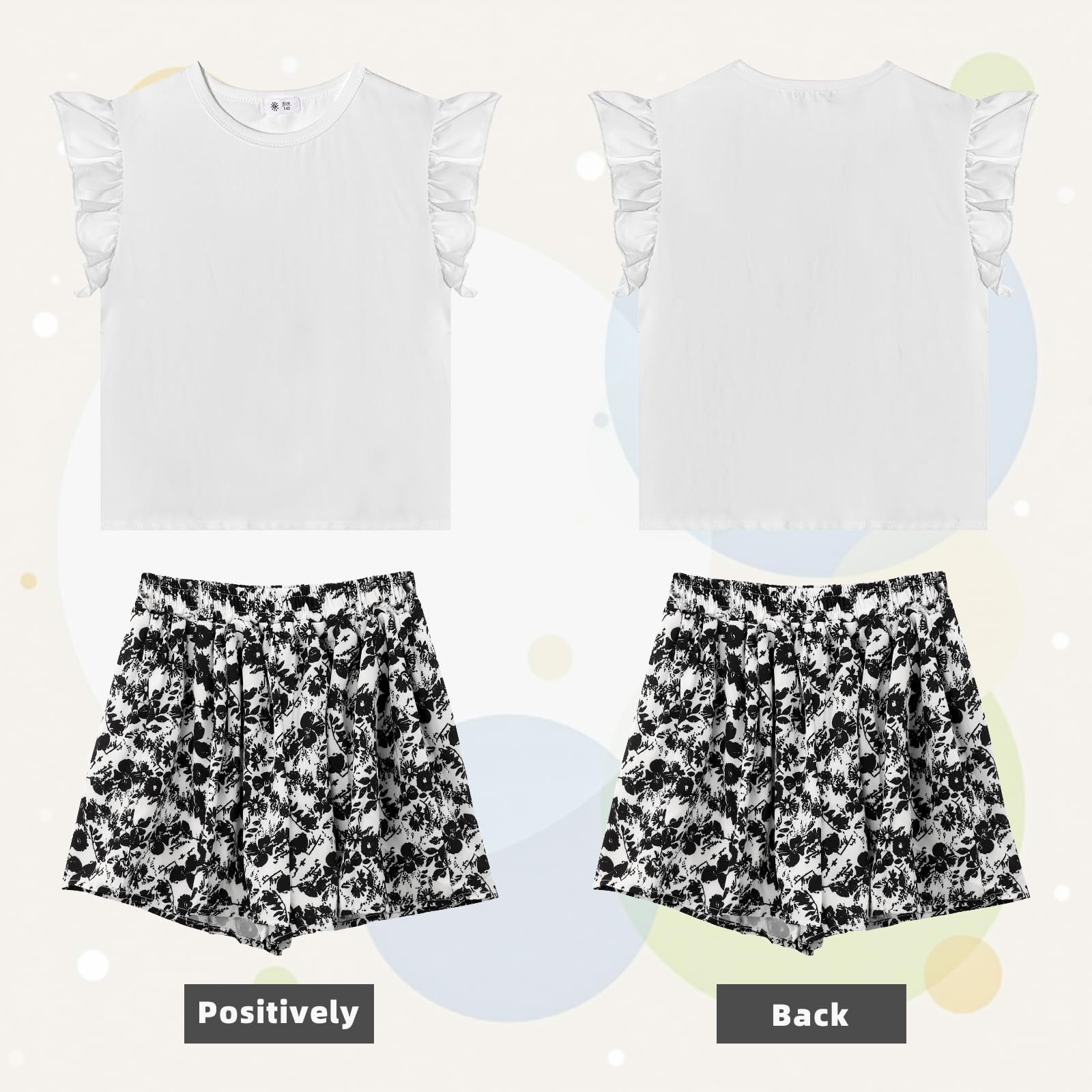 KAKU NANU Ropa para niñas Conjuntos de verano 3-10 años Camiseta lisa sin mangas con volantes Pantalones cortos Cuello redondo Negro Blanco Rojo Amarillo Rosa Morado Azul