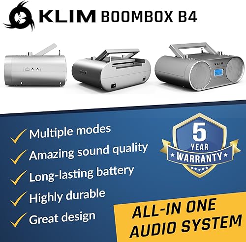 Miniatura 10 de KLIM Boombox - Reproductor de CD B4 Sistema de audio portátil - Nuevo 2023 - Radio AMFM con reproductor de CD MP3 Bluetooth AUX USB - Batería