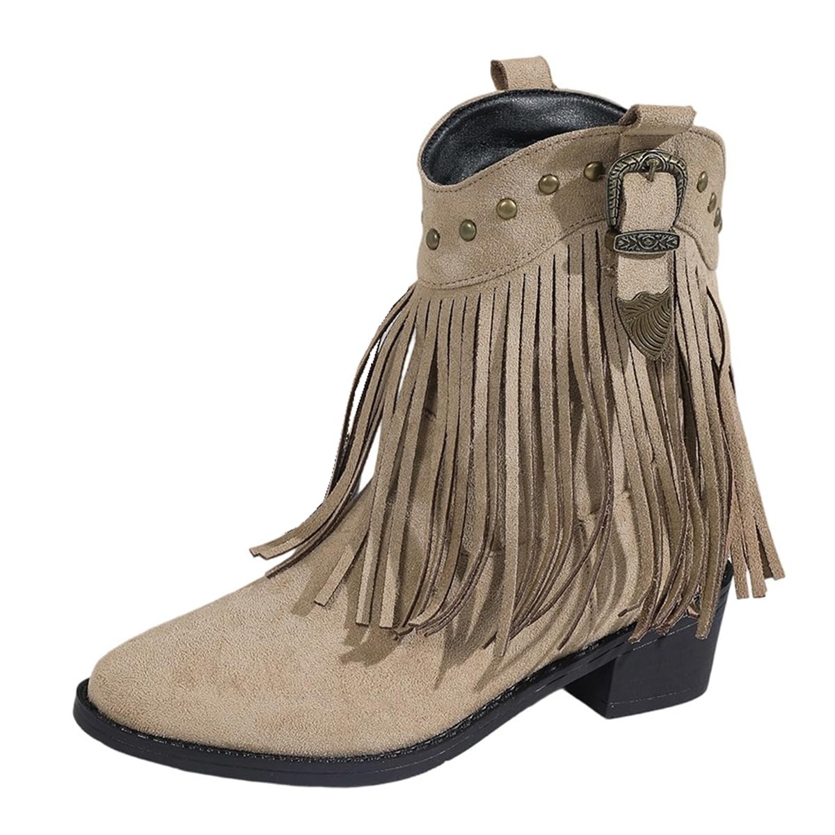 Fringe Cowboy Boots for Women Short Cowgirl Booties Western Fringed Tassel Ankle Boots Suede Chunky Block Heel
