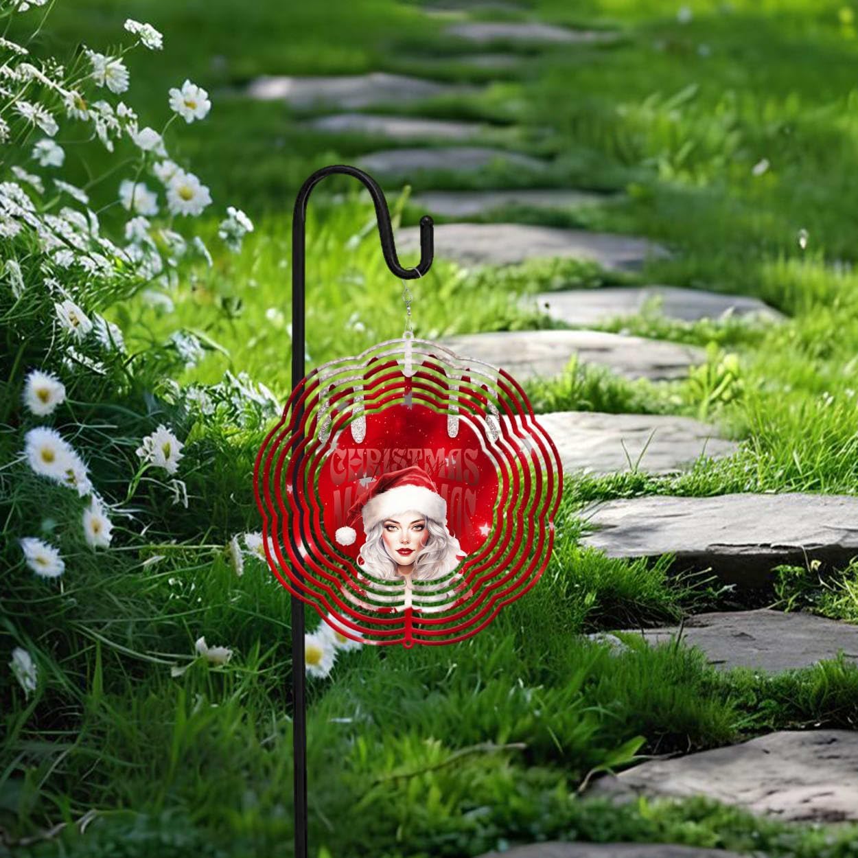 Beautiful Girl Merry Christmas Wind Spinners 3D Stainless Steel Laser Cut Metal Double Sided Printing-Hanging Indoor/Outdoor Decorations Yard Gardening Decor,Metal Kinetic Art 14x14 inches