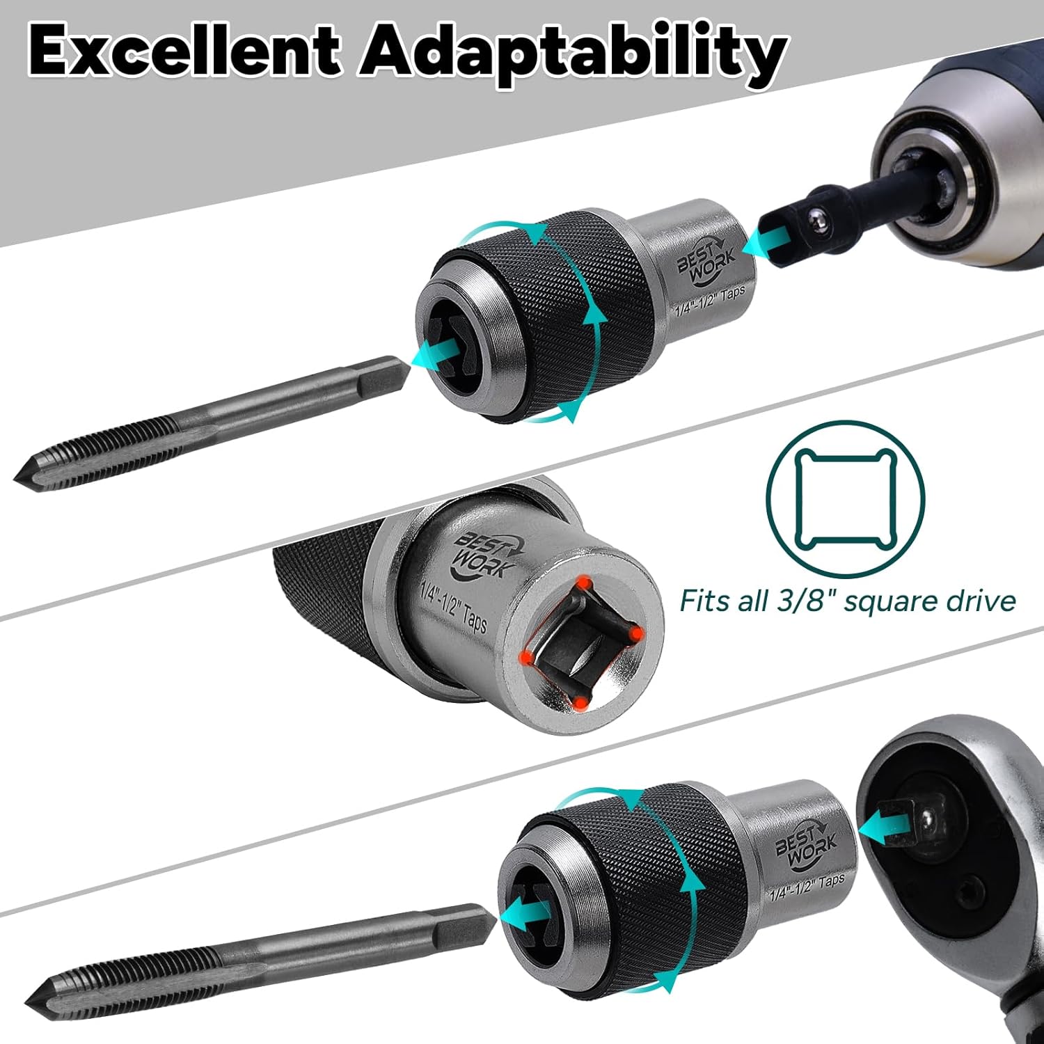 3pcs Adjustable Tap Socket Set, 3/8" Drive Tap Handle Tool, Tap Holder for Reamers, Screw Extractors