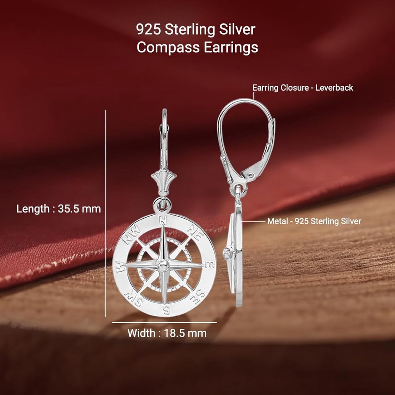 Diamond2Deal 925 Sterling Silver Compass Earrings (L- 1.4 in, W- 0.73 in)