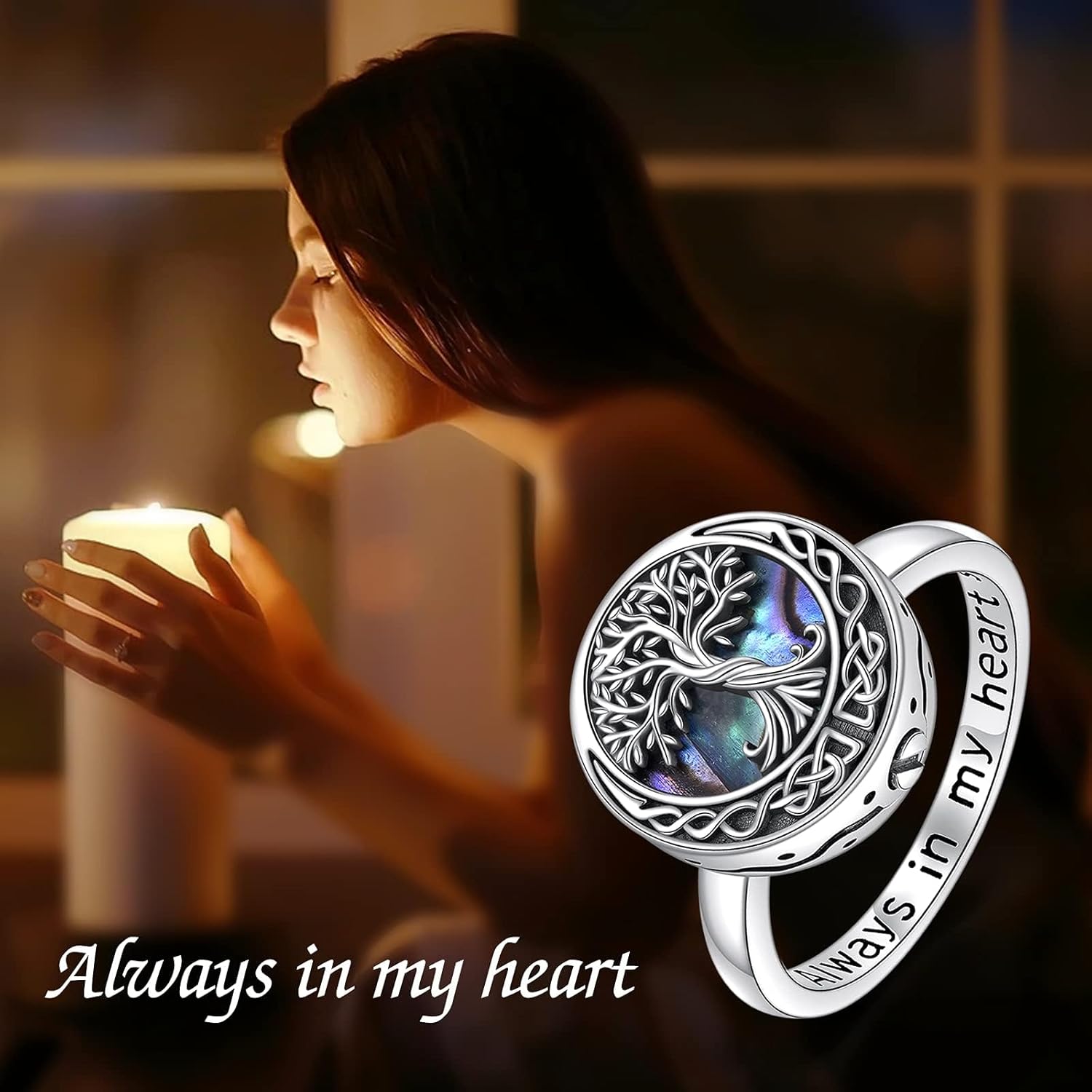 ONEFINITY Tree of Life Urn Ring for Ashes Celtic Knot Family Tree Memorial Keepsake Jewelry Always in My Heart Cremation Ring for Women Men