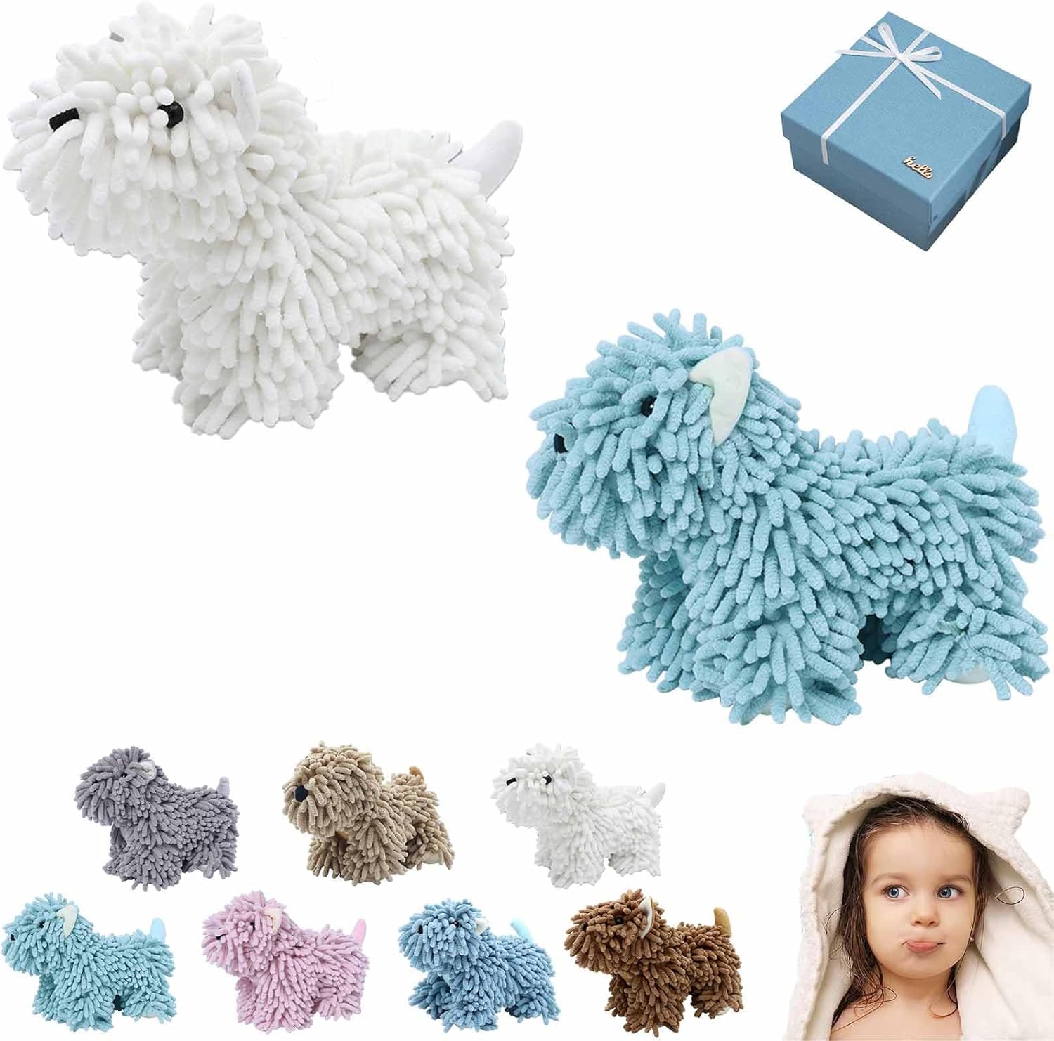 2 PCS Puppy-Shaped Chenille Hand Towel – Cute & Functional Home Essential, Fuzzy Ball Dog Hand Towel, Soft and Super Absorbent, No Fading, for Bathroom/Kitchen Countertops (Light Blue+Khaki)