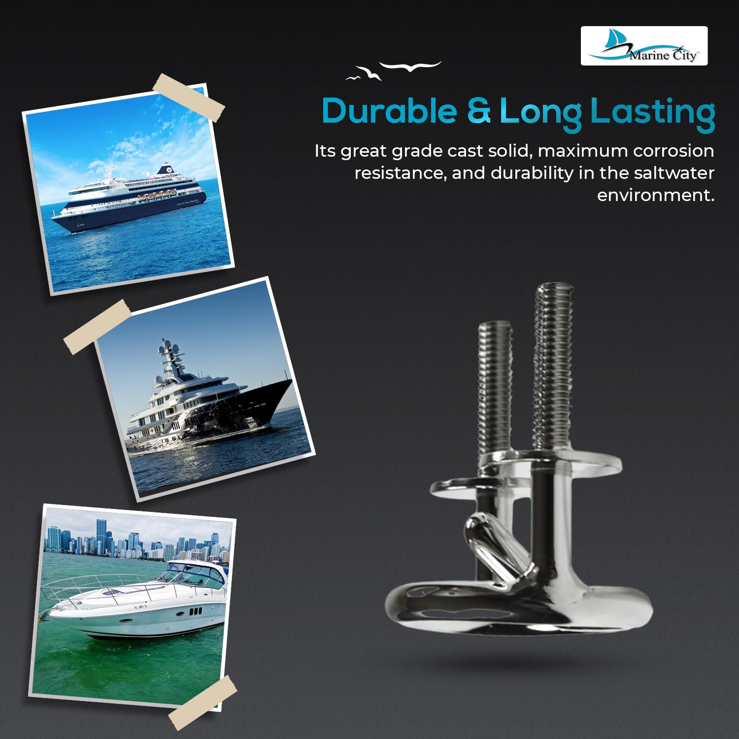 MARINE CITY 316 - Gancio da traino in acciaio inox, per sci e rimorchio, 4 pezzi (3/8 "× 1-1/2")