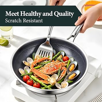Non Stick Frying Pans,12-inch Titanium Hybrid Pan with Lid, Stay-Cool Handle, Professional Frying Pan, Dishwasher Friendly, Oven Safe, Compatible with All Cooktop
