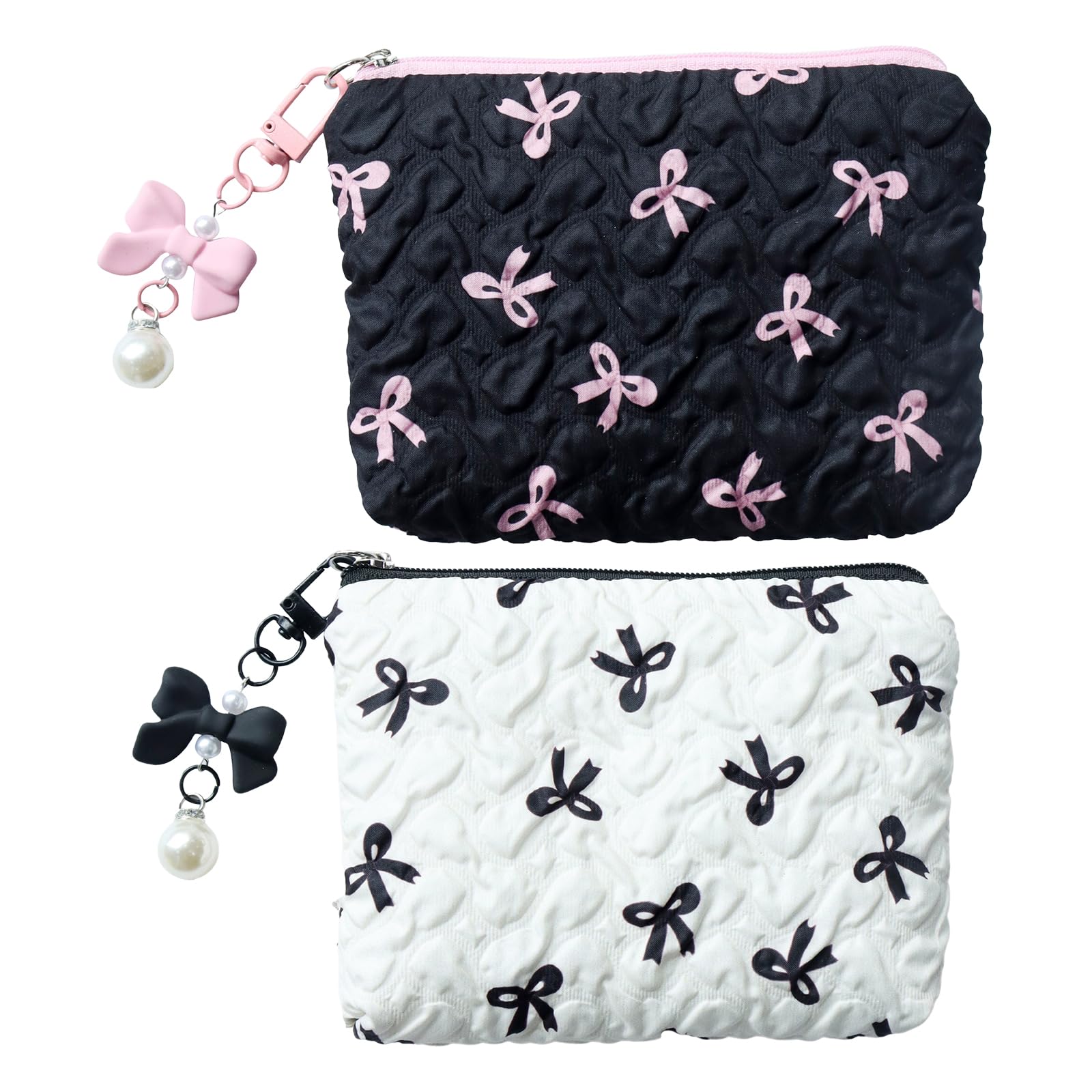 Set di 2 trousse per trucchi piccoli, con eleganti fiocchi, mini borsa per trucco, borsa per trucco, borsa per trucco, borsa per cosmetici, borsa da toilette da donna, 14 x 10 cm