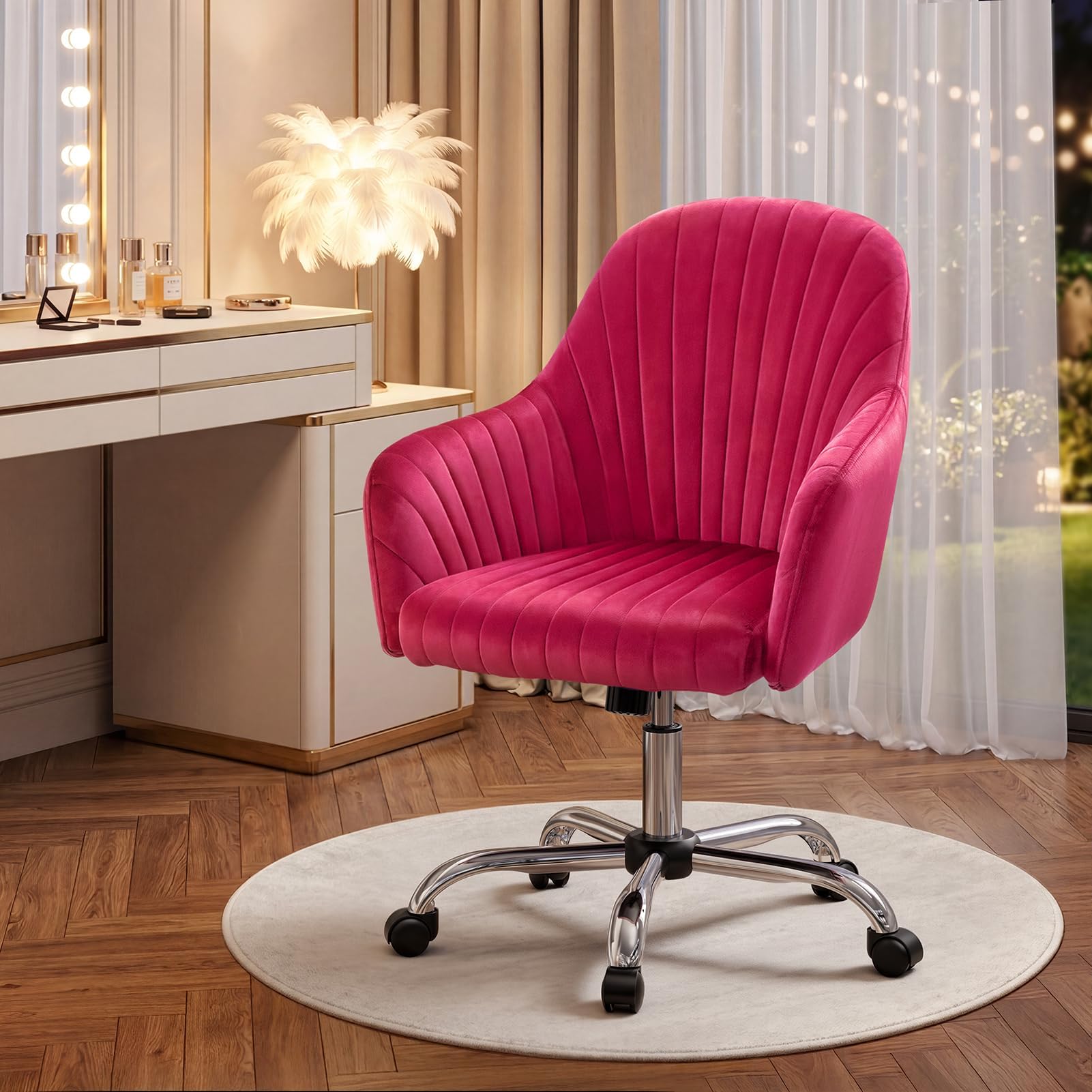 Warmiehomy Velvet Vanity Chair with Wheels, Desk Chair for Home Office, Cozy Office Chair with Arm Rest for Girl Women Bedroom, Hot Pink