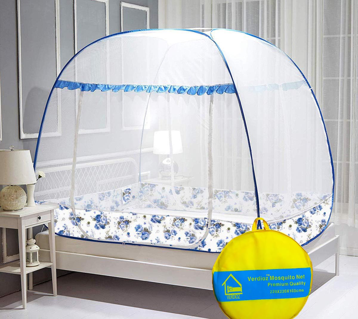 VERDIOZ Mosquito Net Rectangular Super King Size Terylene Foldable Mosquito Net for Double Bed, with Mobile Pocket, PVC Coated Corrosion Free Steel Wire,30 GSM Whitest Net-(200X200X160 Cm- Blue)-image-34