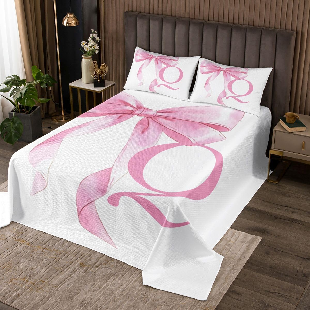 Feelyou Cute Pink Bow Bedspread Twin Size Ribbon Bow Knot Coverlet Set Personalized Initial Q Quilted Coverlet for All Season with 1 Pillowcase Kawaii Microfiber Lightweight Princess Bowknot