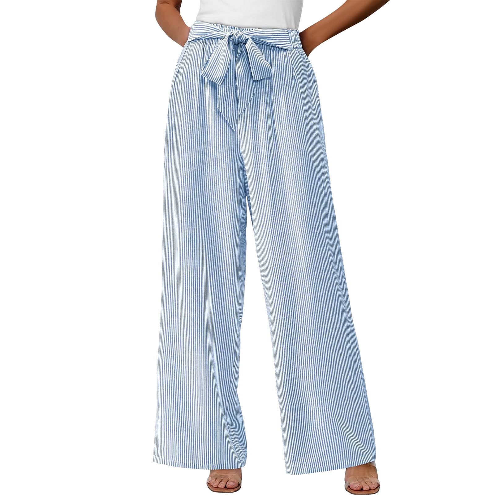 Womens Wide Leg Lounge Pants High Waisted Palazzo Pants Work Casual Flowy Tie Knot Loose Trousers with Pockets