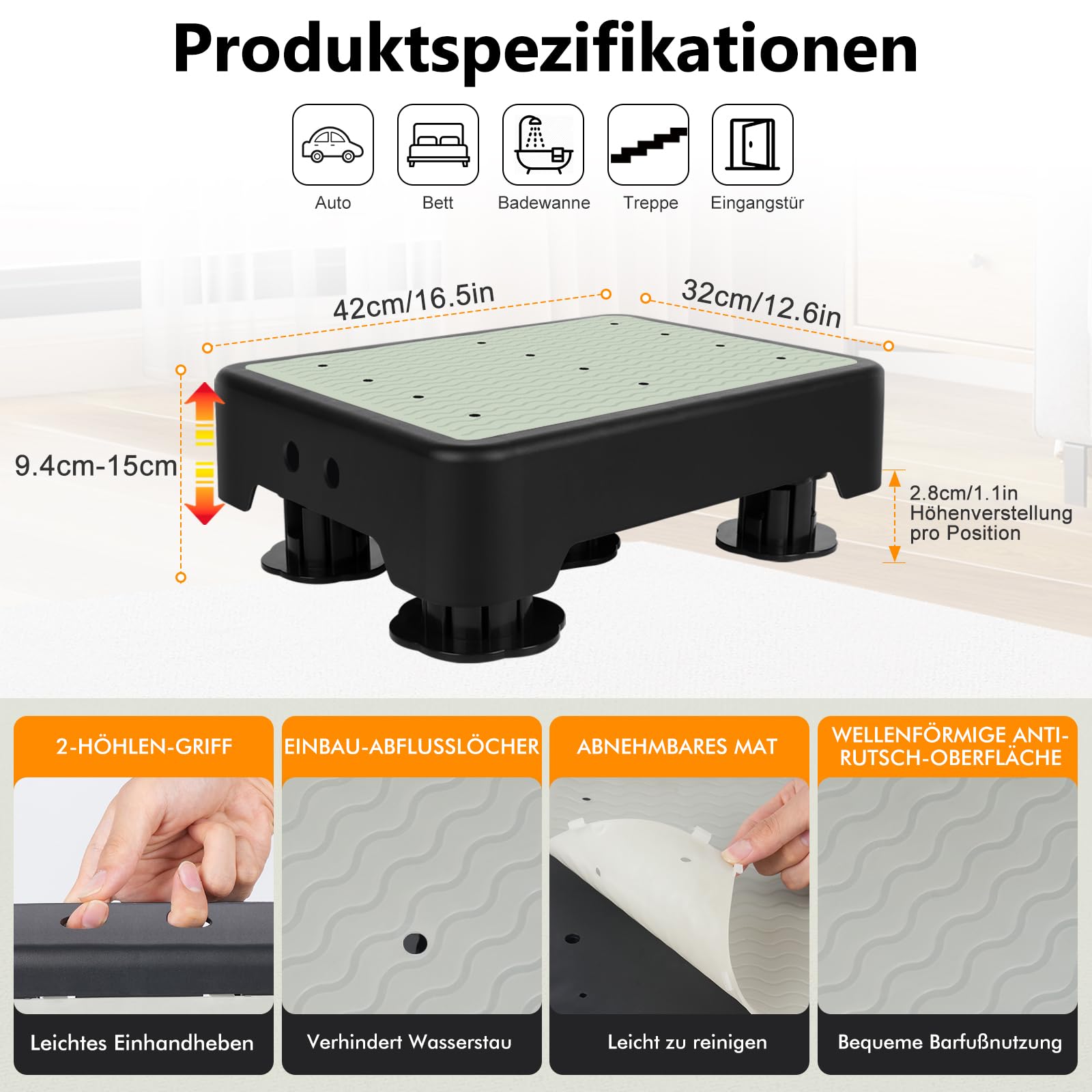 Taburete Antideslizante Ajustable, Escalón con 3 Niveles de Altura, Capacidad 250 kg, Ligero y Portátil para Adultos y Ancianos, Ideal para Hogar y Exteriores