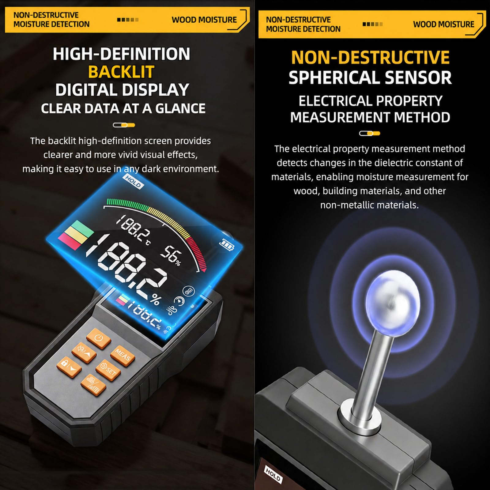 Medidor De Humedad De Hormigón Inductivo No Destructivo con Sonda De Bola, Profundidad De Detección De 5–40 Mm, con Alarma Sonora, Función De Retención De Datos Y Calibración Manual