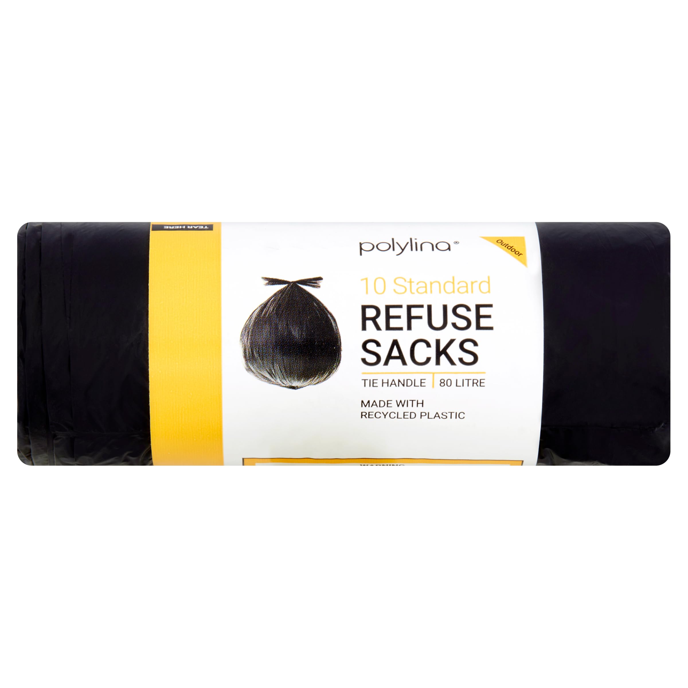 10 Tie Handle Refuse Sacks Bin Bags, Recycled Plastic, Black, 80 Litre