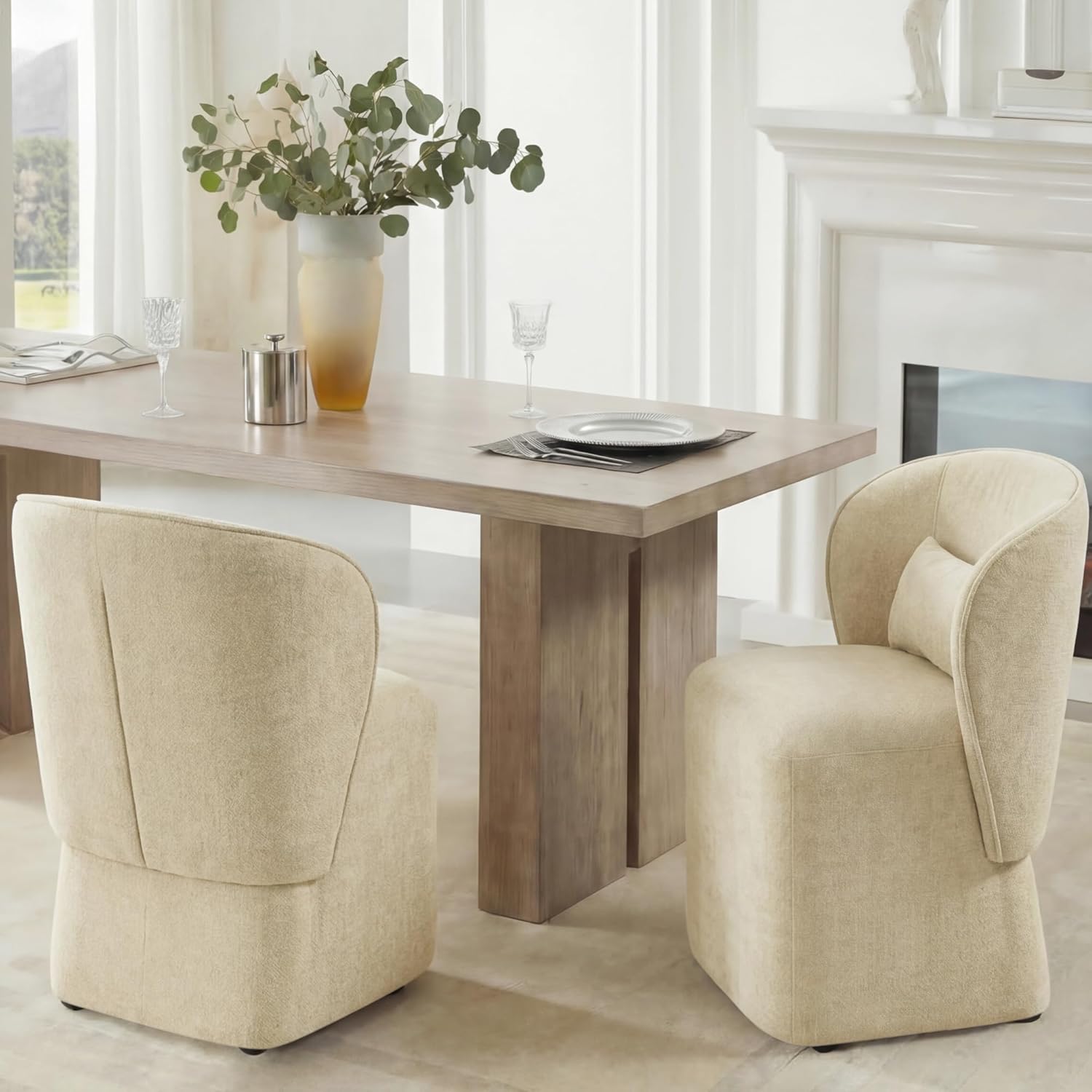 KISLOT Upholstered Dining Chairs with Wheels, Easy Assembly Stain Resistant Fabric Modern Barrel Armchair with Lumbar Cushion, Dining Room Chairs for Kitchen Living Room Bedroom, Sand, Set of 1