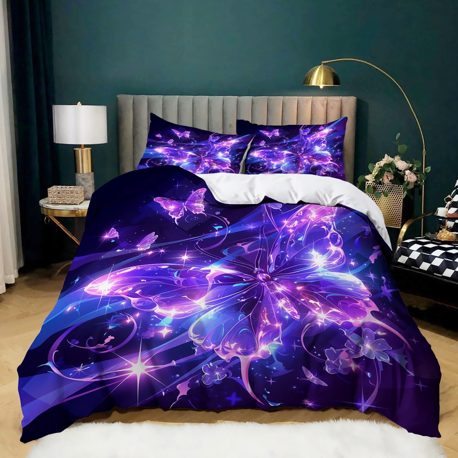 Zestaw pościeli 200 x 200 cm, sztuka marzeń świecący motyl poszewka na kołdrę, fioletowy, rozmiar king size, 3-częściowy mikrofibra, ultramiękka, oddychająca poszewka na kołdrę z poszewką na poduszkę,