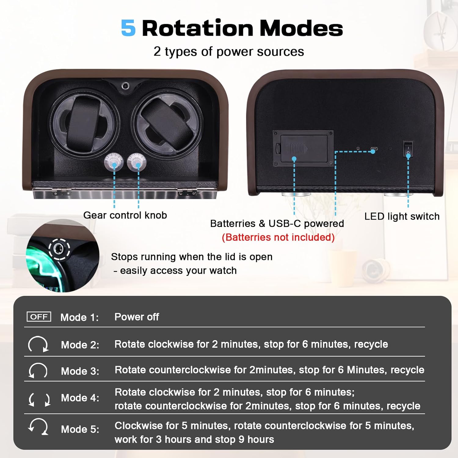 Watch Winders for Automatic Watches, Double Automatic Watch Winder Box with Japan Quiet Motor, Wooden Watch Winder 4 and 6 Slots, RGB LED Light and AC Adapter, Gifts for Men Women (2 Slots)