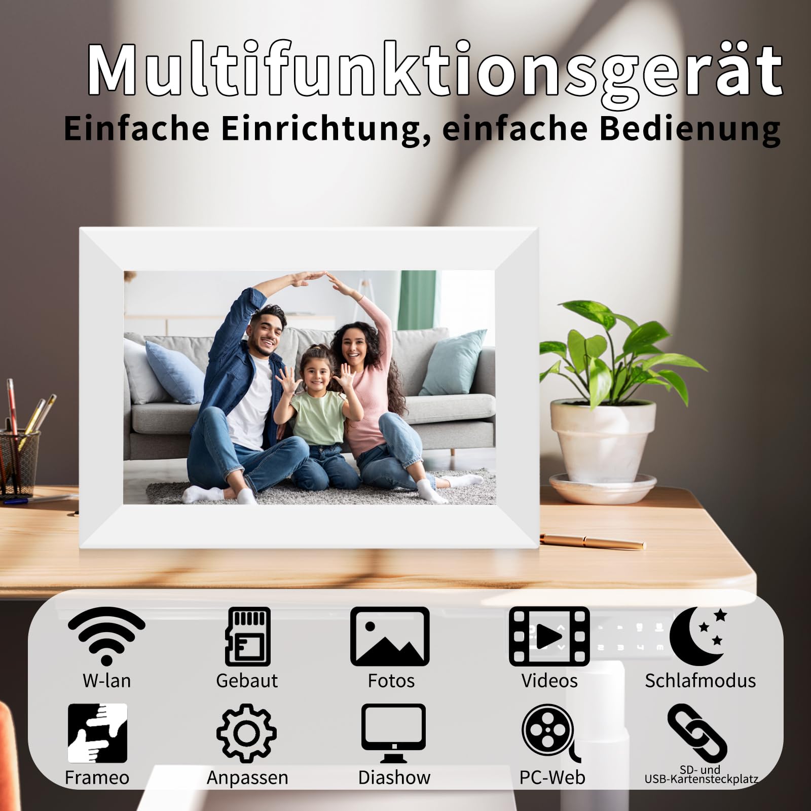 Frameo 10,1 Zoll Digitaler Bilderrahmen, Elektronischer Fotorahmen, WLAN-Digitaler Photo Frame, 32 GB Speicher, 1280x800 IPS-Display, Automatische Drehung, Wandmontierbar, Fotos/Videos teilen(Weiß)