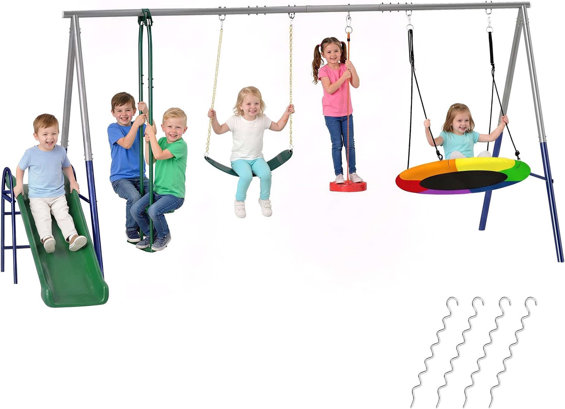 Qaba 5-in-1 Kids Swing Set for Backyard, 770lbs Capacity Heavy-Duty Metal Outdoor Playset with Slide, Saucer Swing, Belt Swing, Glider and Standing Swing, Adjustable Height, Ages 3-8, Mixed Color