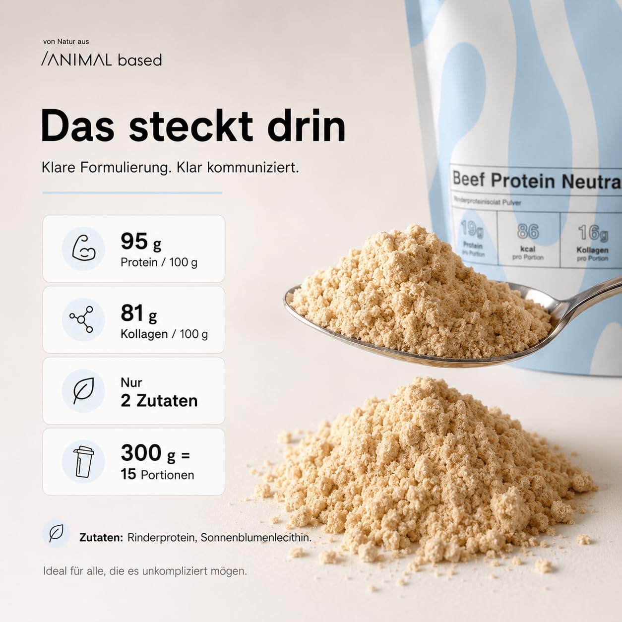 Animal Based Rinderprotein Pulver Neutral 300g - Natürliche Zutaten - 19g Protein - 16g Kollagen - 86 kcal - Beef Protein - Kollagen Typ 1,2,3 - Knochenbrühe vom Weiderind - Bone Broth - Histaminarm