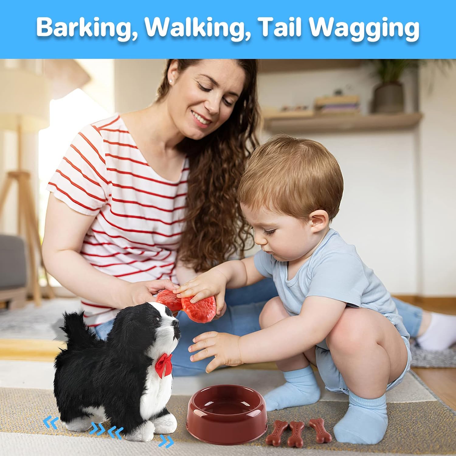 deAO Electronic Pet Dog Toy with Barking, Walking,Tail Wagging,Touch Recognition and Music Functions 6 PCS Puppy Feeding Accessories Puppy Pet Dog,Toys Dog for 3-6 Year Boys Girls Kids