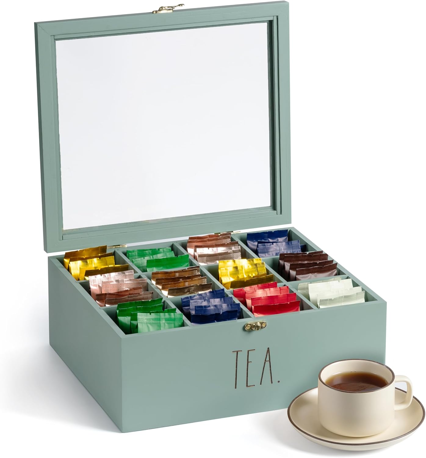 rae dunn tea bag organizer - tea box divided storage container box with hinge lid for kitchen cabinet, countertop, pantry, hold coffee pods, seasoning packets, condiments, sage