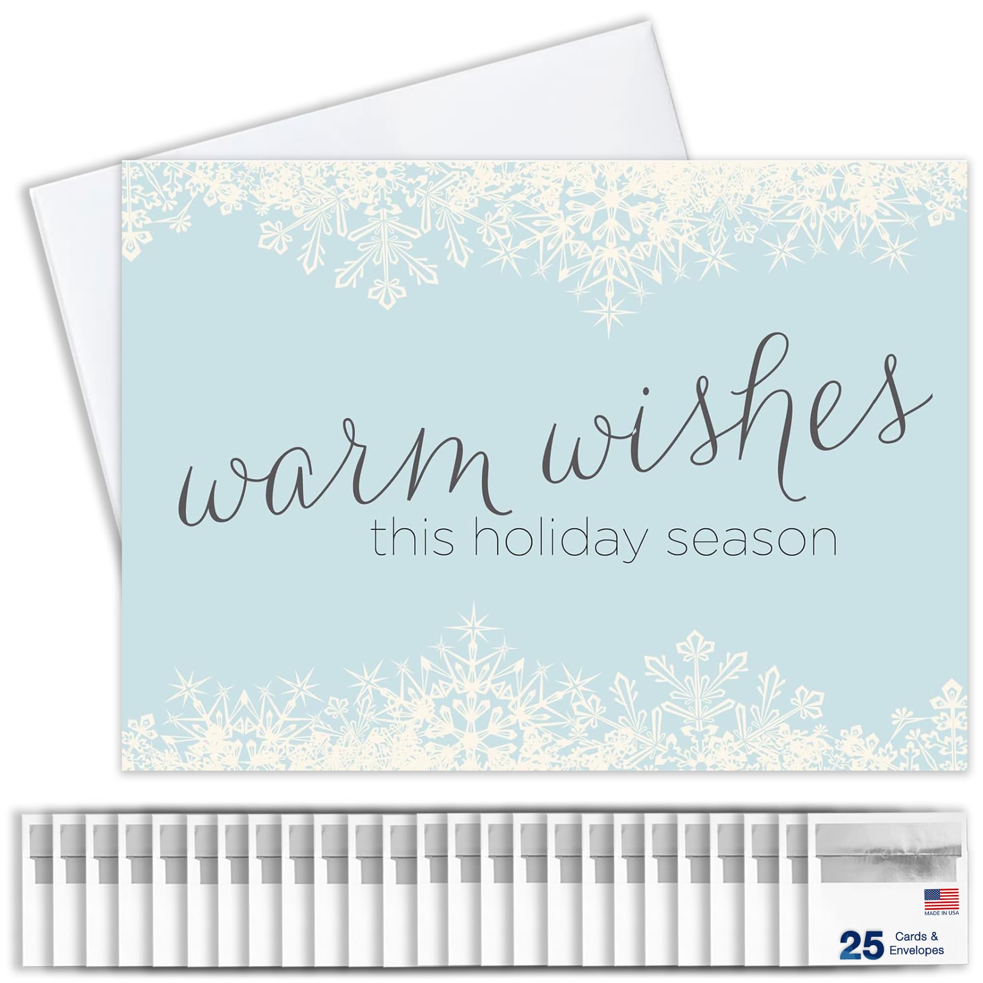 Tarjetas de felicitación navideñas H1507. Tarjeta de felicitación de negocios con diseño de deseos cálidos y copos de nieve. El juego de caja tiene 25 tarjetas de felicitación y 26 sobres blancos con