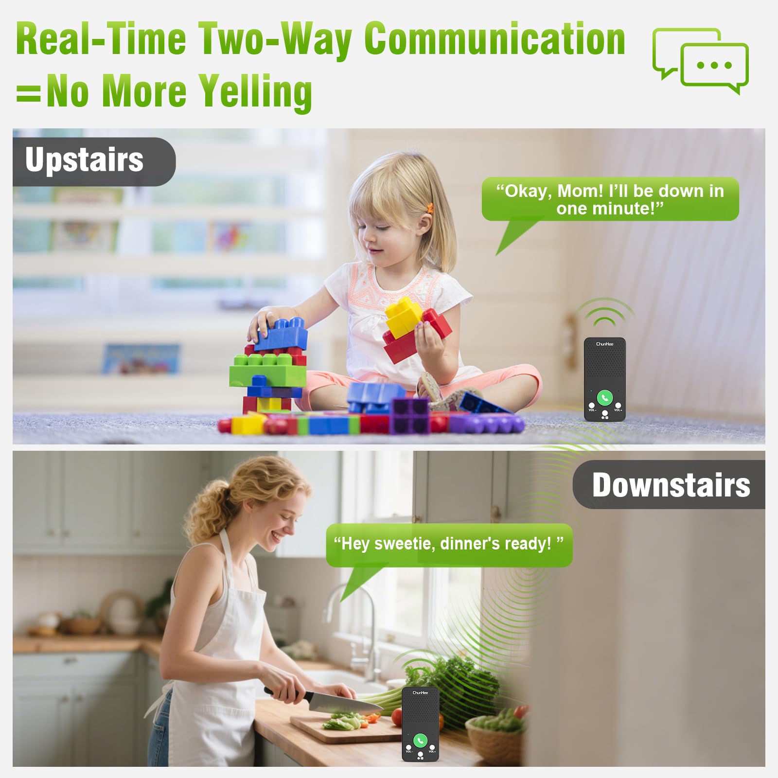 ChunHee Intercoms Wireless System for Home, Full Duplex 2-Way Radio, Handsfree Room to Room Communication Wireless Intercom System for House, Garage, Upstairs, Business, Offices, Basement(2 Pack)