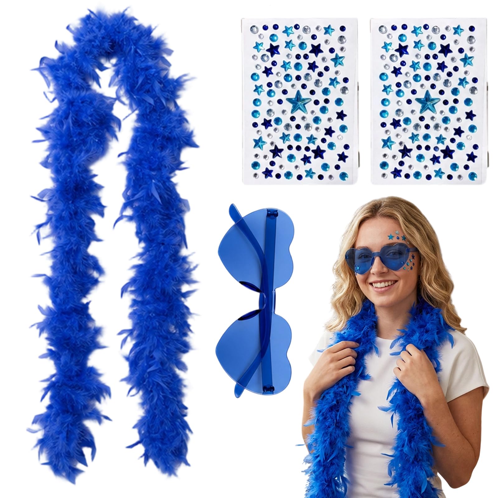 WsiQxuc 4PCS Blue Feather Boas Multipack with Heart Sunglasses and Face Stickers, Retro Party Accessories for Dance Performances and Themed Events, Festive Blue Feather Boa Set for