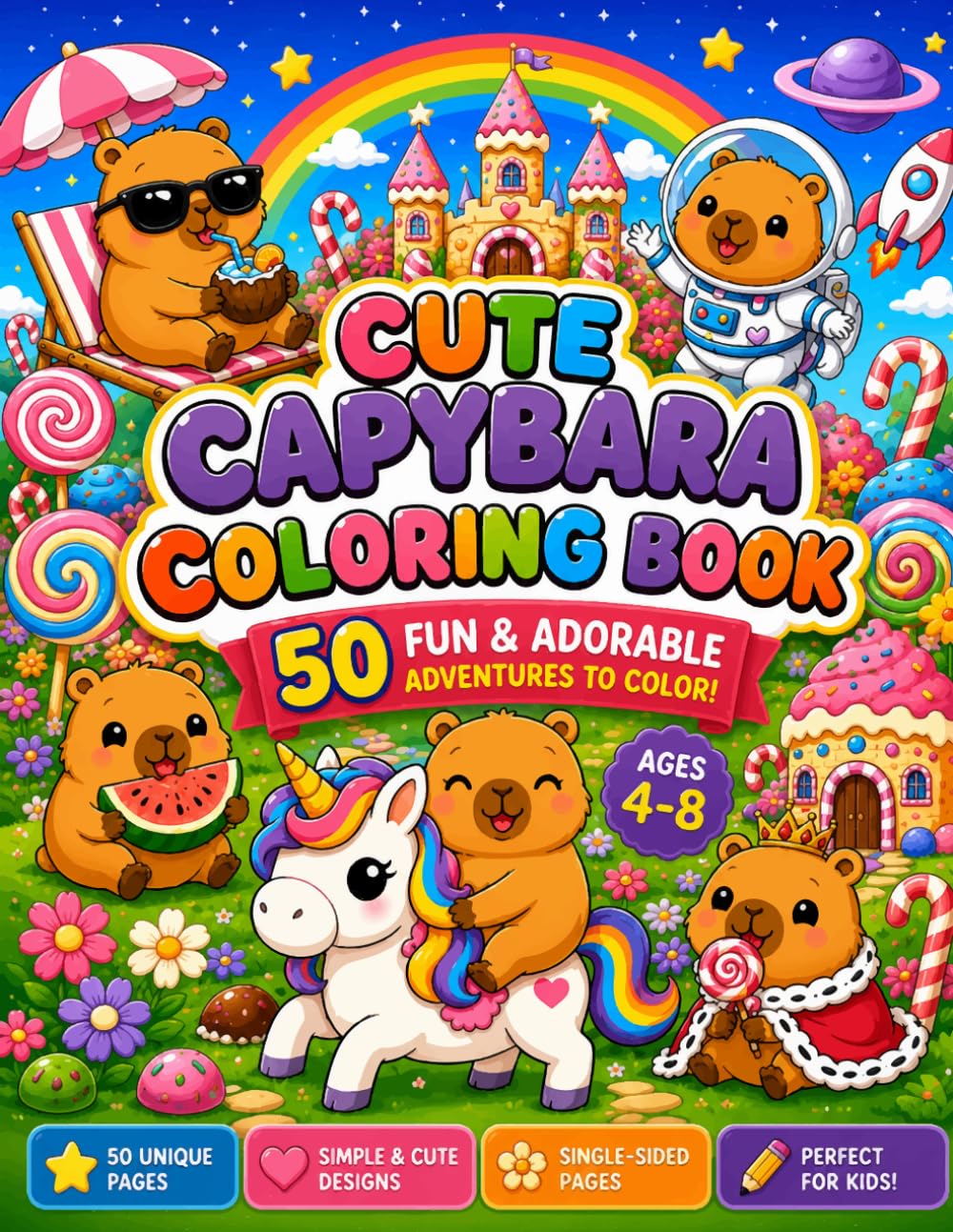 Cute Capybara Coloring Book: 50 Fun & Adorable Adventures to Color