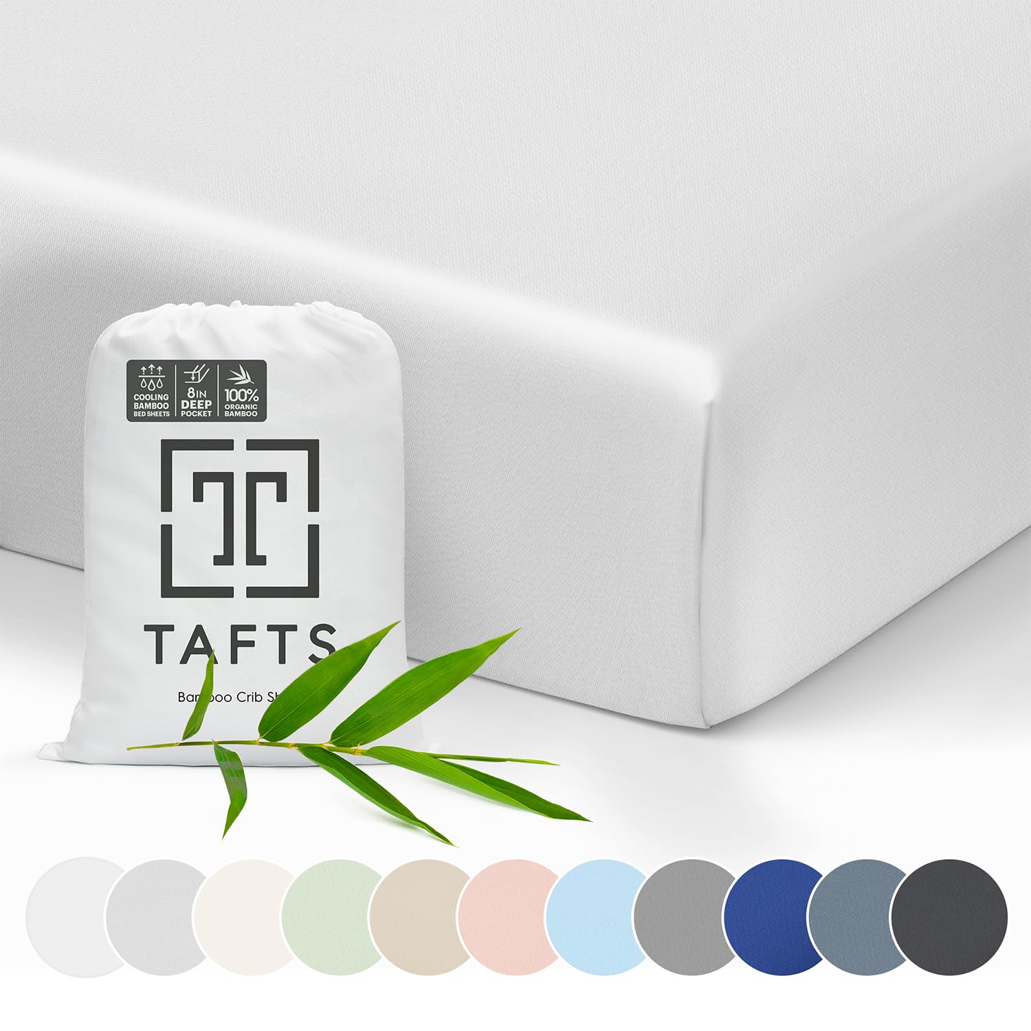 TAFTS Bamboo Crib Sheets - 100% Pure Organic Viscose Bamboo Sheets - 400TC Bamboo Bed Sheets - 1 Piece - 8" Deep Pocket - Silk Feel, Cooling, Anti-Static, Hypoallergenic (Cool White)