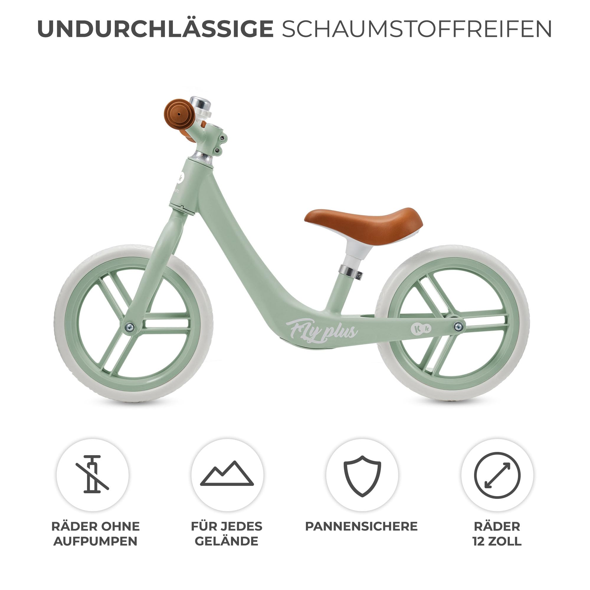 Kinderkraft Laufrad Fly Plus 2, Lernlaufrad, Kinderlaufrad, Fahrrad mit Zubehör, Klingel, höhenverstellbar Sattel, 12 Zoll Räder, Magnesiumrahme, ab 2 Jahre, Retro Design, Grün