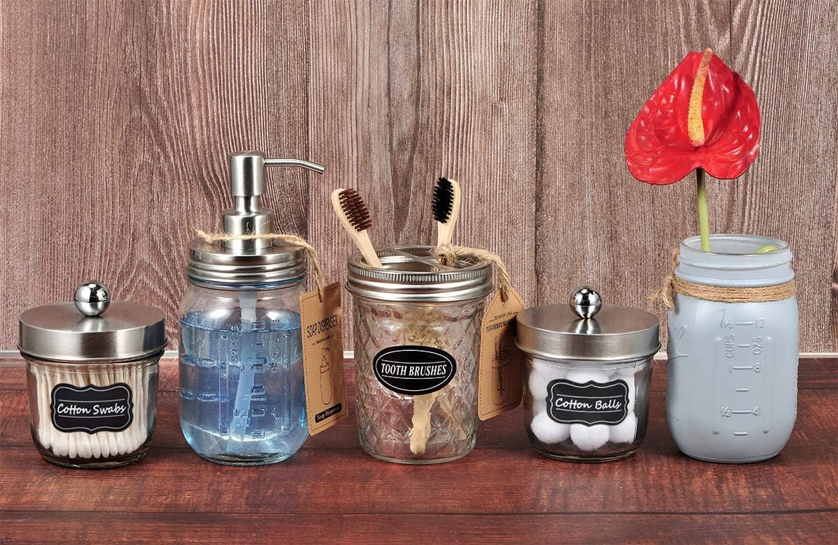 Amolliar Mason Jar Bathroom Accessories Set(4 Pack) - Lotion Soap Dispenser&Qtip Holder Set&Toothbrush Holder-Rustic Farmhouse Decor Apothecary Jar Bathroom Countertop,Vanity Organize (Brushed Nickel) : Home & Kitchen