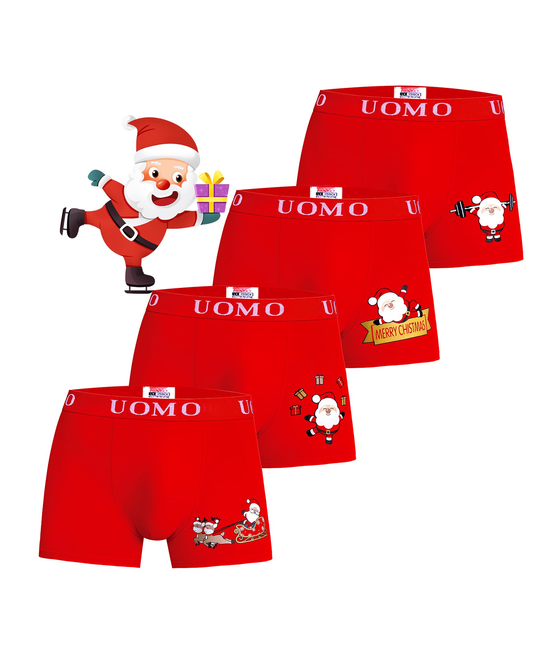 Boxer Uomo A Quadretti Con Stampa Natalizia – Slip Divertenti In Cotone Elastico, Vita Media