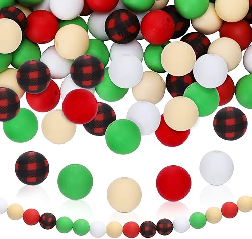 Whaline 100 cuentas sueltas de silicona de Navidad con patrón de cuadros rojos y negros, cuentas de silicona verde y blanco, cuentas de colores