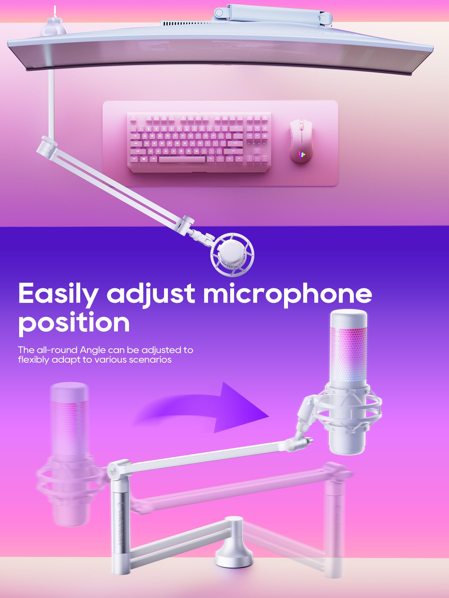 M05 Pro Bras de microphone rotatif à 360° avec support de bureau, bras de microphone pliable avec adaptateur à vis de 3/8" à 5/8", bras de microphone pour streaming en direct, jeux (blanc)