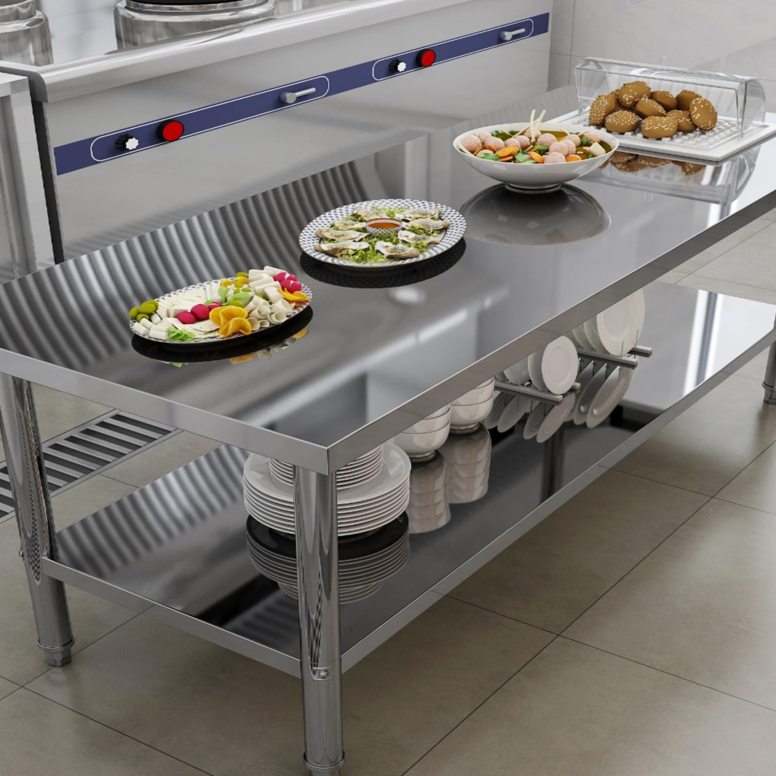 Zubereitungstische, Gewerblicher Tisch for die Küche, Catering, doppellagiges Design(130 * 40 * 80cm/51.1 * 15.7 * 31.5in)