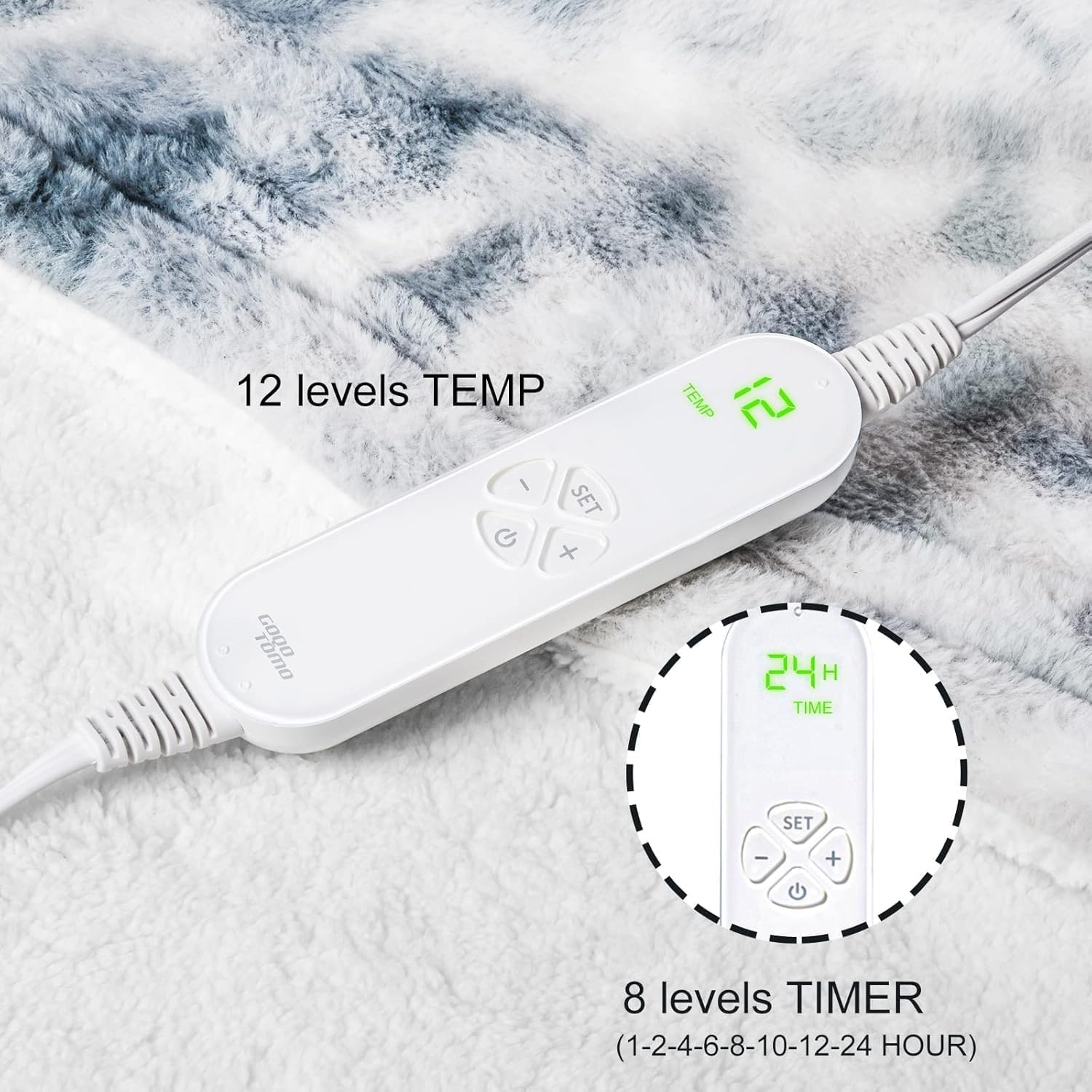 GOQOTOMO Electric Heated and Weighted 2 in1 Blanket — Flannel Material with Premium Glass Beads, with 12 Heat Levels, 8 Timer (Grey Tie dye, 15lb 48''x72'')-H72 - Image 4