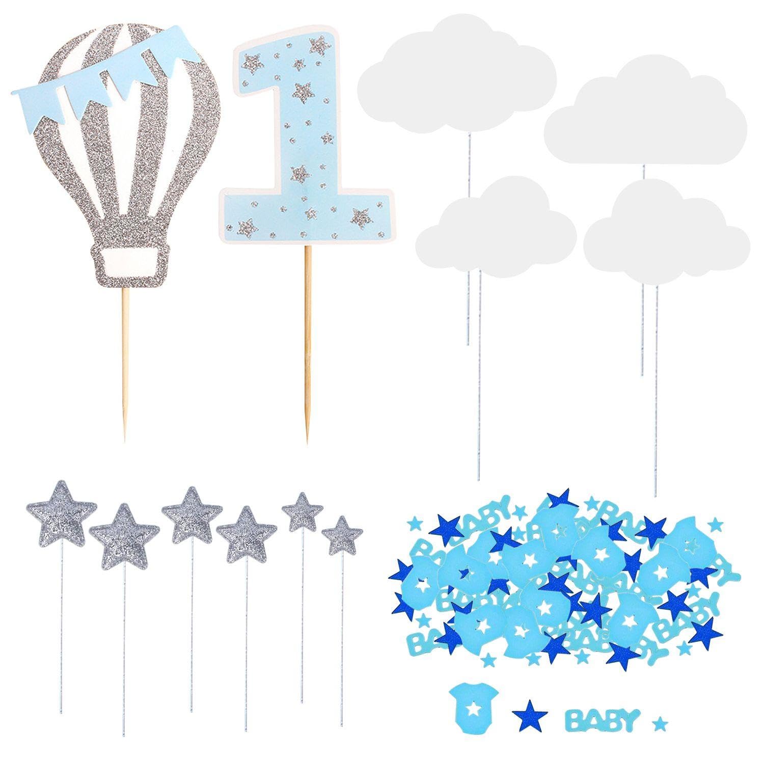 RNSKFG 12 Pieces Cake Card Inserts And 15G Blue Confetti, 1St Birthday Party Supplies, Creative Cartoon Plug-Ins, Party Decorative Confetti.