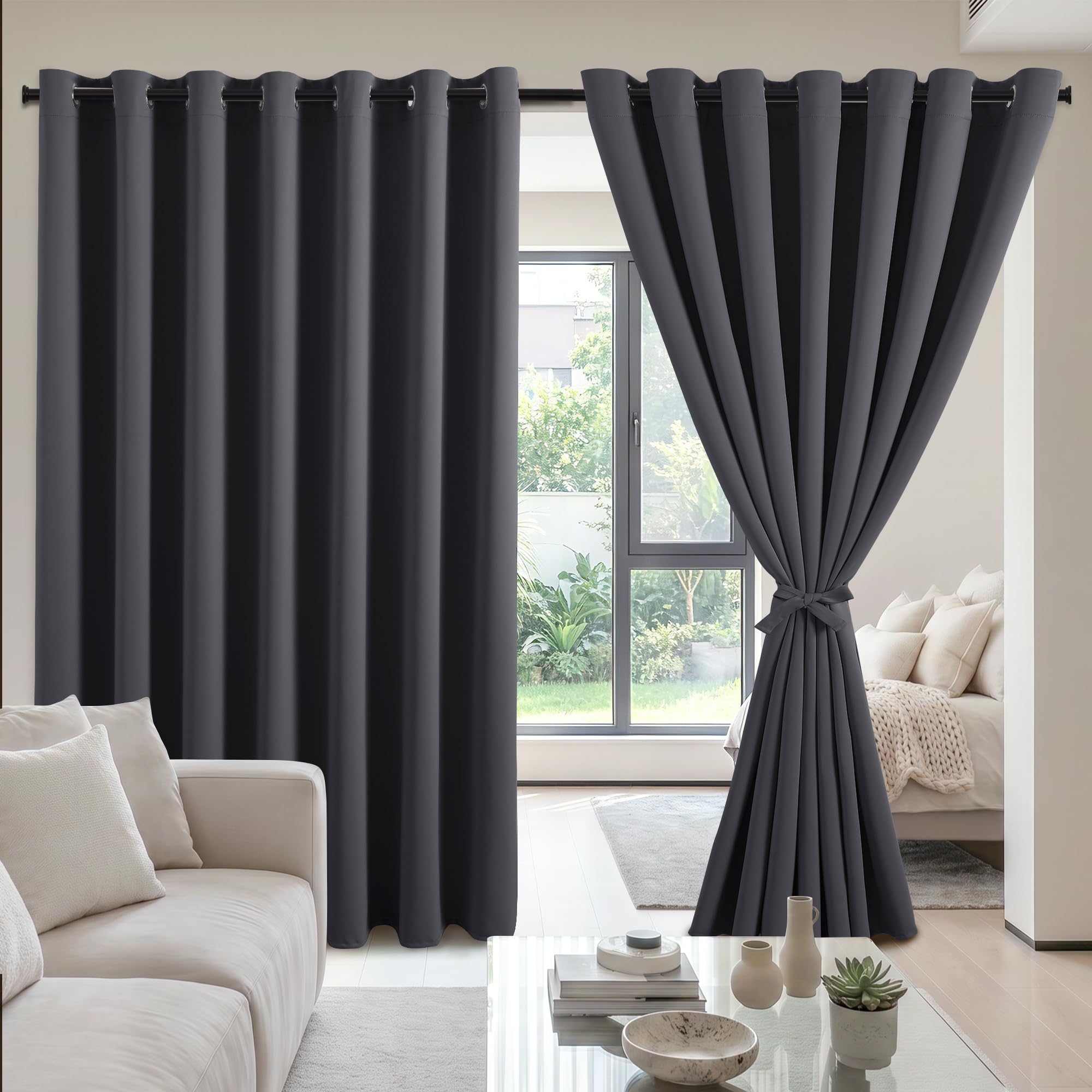 DWCN Blackout Curtains – Thermal Insulated Light Blocking Privacy Grommet Drapes with Tiebacks, Blackout Curtains for Bedroom Living Room, Dark Grey 100 x 102 Inch 2 Panels Window Treatments — image 1