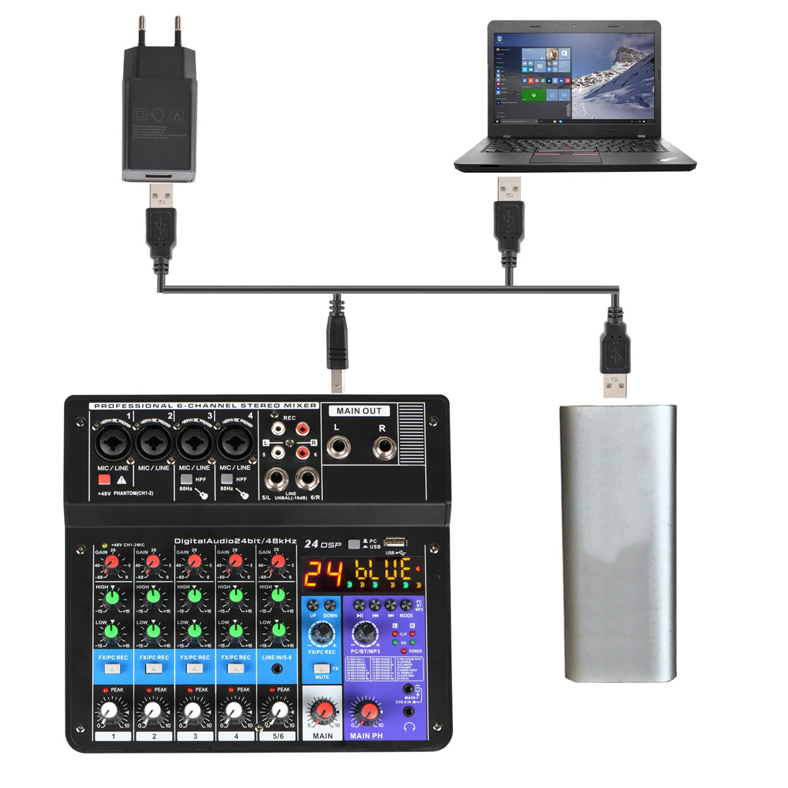 Mezclador de Audio Profesional USB Bluetooth MP3 Entrada de computadora 48V Phantom Power Estéreo DJ Studio Streaming 24 DSP Procesador para Party Studio