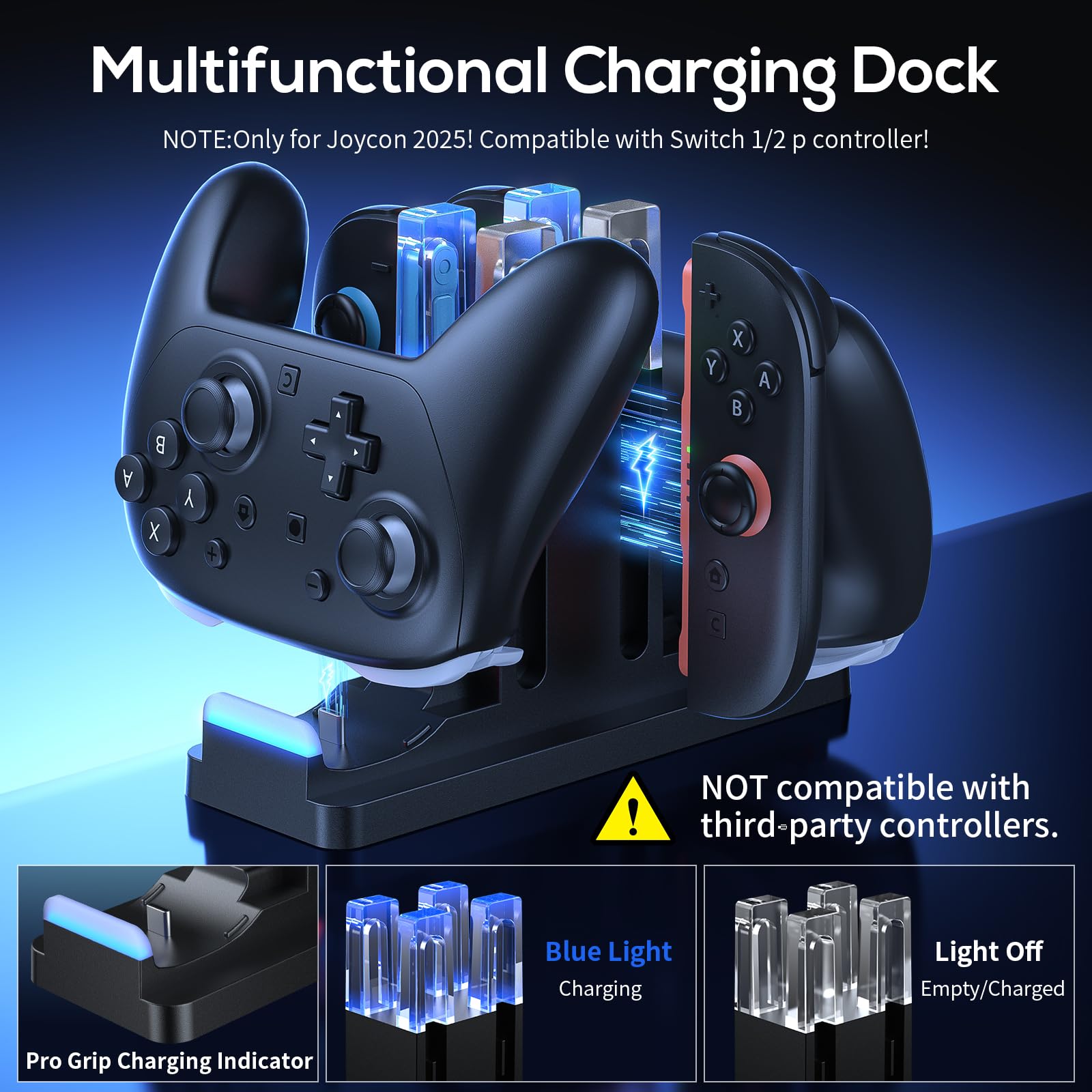 FASTSNAIL Ladestation kompatibel mit Switch 2 für Joycon 2, Ladehalterung für Switch 1/2 Pro Controller, Ladeständer für Joycon 2 & Pro Controller mit Ladestandanzeige und USB-Kabel